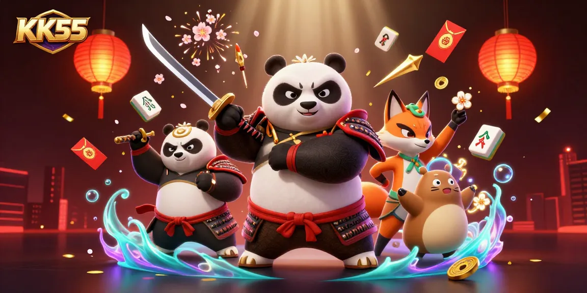 Experience the thrilling world of KK55 with a dynamic 3D illustration showcasing a samurai panda, ninja fox, and magical tanuki.