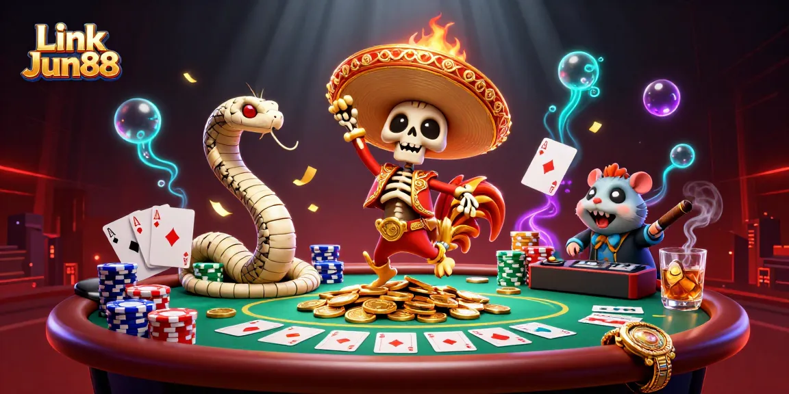 Spin and win with Link Jun88 as the skeleton mariachi celebrates a jackpot amidst poker elements.